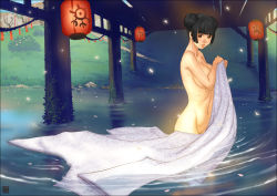 Rule 34 | 1girl, ariverkao, bathing, black hair, breasts, bridge, covering privates, double bun, japanese clothes, kimono, lantern, large breasts, nude, nude cover, original, paper lantern, petals, pussy, solo, wading, water