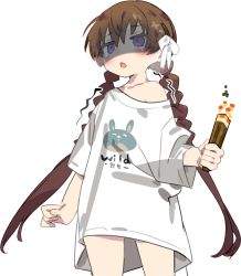 Rule 34 | 1girl, blush, bow, braid, brown hair, clothes writing, english text, hair between eyes, hair bow, holding, karei, long sleeves, low twintails, minecraft, off shoulder, open mouth, purple eyes, shaded face, shirt, short sleeves, simple background, solo, tears, torch, trembling, tsukuyomi ai, twin braids, twintails, voiceroid, white background, white bow, white shirt