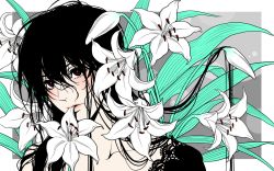 Rule 34 | 1girl, black hair, female focus, flat color, flower, kayu, lily (flower), messy hair, mouth hold, original, partially colored, red eyes, solo