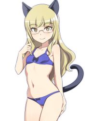 Rule 34 | 1girl, animal ears, bikini, blonde hair, blue bikini, blush, bow, bow bikini, breasts, cat ears, cat tail, closed mouth, eyebrows, female focus, groin, hand on own thigh, hand on thigh, long hair, looking at viewer, monochrome background, nanashino, navel, perrine h. clostermann, shiny skin, simple background, small breasts, smile, solo, strike witches, swimsuit, tail, white background, world witches series, yellow eyes