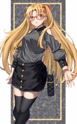 Rule 34 | 1girl, absurdres, alternate costume, black skirt, black thighhighs, blush, clothing cutout, earrings, ereshkigal (fate), fate/grand order, fate (series), glasses, grey shirt, hair ornament, highres, jewelry, long hair, long sleeves, looking at viewer, open hand, parted bangs, parted lips, red eyes, shirt, shirt tucked in, shoulder cutout, skirt, smile, solo, thighhighs, thighs, toukan
