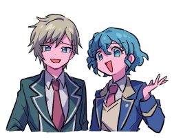 Rule 34 | 1boy, 1girl, :d, black jacket, blonde hair, blue eyes, blue hair, blue jacket, braid, collared shirt, cropped torso, curly hair, dorothy west, hair between eyes, hand up, idol time pripara, jacket, long sleeves, looking at viewer, necktie, open clothes, open jacket, open mouth, paprika private academy school uniform, pretty series, pripara, red necktie, rituyama1, school uniform, shirt, short hair, side braid, simple background, smile, smug, upper body, vest, white background, white shirt, yellow vest, yumekawa shogo