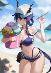 Rule 34 | 1girl, arknights, bikini, blue bikini, blue hair, blue sky, breasts, ch&#039;en (arknights), ch'en (arknights), cleavage, cloud, commentary, cowboy shot, day, dragon horns, dragon tail, female tourist c (arknights), food, grey shorts, highres, holding, horns, horns through headwear, ice cream, large breasts, long hair, looking at viewer, maanu, micro shorts, navel, outdoors, red eyes, shorts, sky, solo, standing, stomach, swimsuit, tail, thighs
