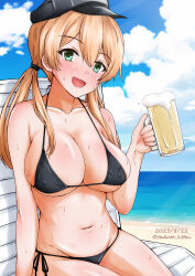 Rule 34 | 1girl, alcohol, beach, beer, beer mug, bench, bikini, black bikini, blonde hair, blue sky, breasts, cleavage, cloud, cup, dated, day, green eyes, grey hat, hat, highres, kamiya tadato, kantai collection, large breasts, long hair, looking at viewer, mug, navel, one-hour drawing challenge, outdoors, peaked cap, prinz eugen (kancolle), side-tie bikini bottom, sky, smile, solo, swimsuit, twintails, twitter username
