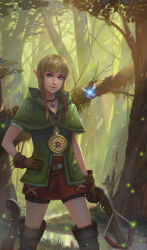 Rule 34 | 1girl, blonde hair, blue eyes, boots, bow (weapon), braid, compass, crossbow, fairy, fireflies, forest, highres, hood, hyrule warriors, jewelry, linkle, looking at viewer, nature, navi, necklace, nintendo, pointy ears, shorts, shorts under skirt, the legend of zelda, thigh boots, thighhighs, tree, twin braids, weapon, yagaminoue