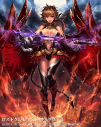 Rule 34 | 1girl, breasts, brown hair, copyright name, cuboon, feathers, fire, large breasts, long hair, lost crusade, navel, official art, red eyes, red feathers, smile, snake, solo, sword, tail, weapon