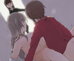 Rule 34 | 3girls, age difference, black eyes, black hair, black jacket, black pants, bottomless, breasts, brown hair, caught, convenient censoring, doorway, dress shirt, dutch angle, formal, girls und panzer, hand on another&#039;s shoulder, jacket, large breasts, long hair, long sleeves, meme, mature female, mother and daughter, motion lines, multiple girls, nishizumi maho, nishizumi shiho, off shoulder, open clothes, open shirt, pant suit, pants, precure netorare (meme), red shirt, sex, shimada chiyo, shirt, short hair, solid oval eyes, straight hair, suit, sweat, yuri, yuuhi (arcadia)
