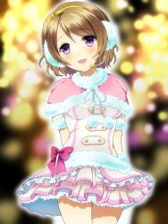Rule 34 | 10s, 1girl, bow, breasts, brown hair, earmuffs, headset, highres, koizumi hanayo, looking at viewer, love live!, love live! school idol project, open mouth, purple eyes, short hair, smile, snow halation, solo, tyeinn-suineryuu, winter clothes