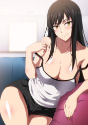 Rule 34 | 1girl, asymmetrical hair, bare shoulders, black hair, black shorts, blush, breasts, collarbone, couch, cushion, hara (harayutaka), highres, large breasts, leaning, leaning on object, living room, open clothes, open shirt, original, pillow, shorts, smile, solo focus, tank top, thighs, white tank top, yellow eyes