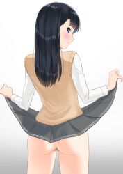 Rule 34 | 1girl, amagami, ass, ayatsuji tsukasa, black eyes, black hair, blush, bottomless, censored, closed mouth, clothes lift, cowboy shot, from behind, gradient background, grey background, grey skirt, highres, kero320, kibito high school uniform, long hair, long sleeves, looking at viewer, looking back, pleated skirt, profile, pussy, school uniform, shirt, skirt, skirt lift, solo, straight hair, sweater vest, white background, white shirt, yellow sweater vest