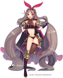 Rule 34 | 1girl, absurdly long hair, breasts, cleavage, crop top, fang, full body, long hair, looking at viewer, midriff, navel, open mouth, original, pikatsu, red eyes, see-through, shiny skin, silver hair, solo, thigh gap, very long hair