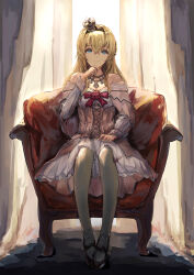 Rule 34 | 1girl, absurdres, aruka, backlighting, black footwear, blonde hair, blue eyes, braid, chair, corset, crown, curtains, dress, flower, french braid, full body, highres, jewelry, kantai collection, long hair, long sleeves, looking at viewer, mary janes, mini crown, necklace, off-shoulder dress, off shoulder, red flower, red ribbon, red rose, ribbon, rose, shoes, sitting, solo, thighhighs, warspite (kancolle), white dress, white thighhighs