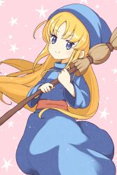 Rule 34 | 1girl, blue eyes, blue headwear, broom, highres, holding, holding broom, jazz grace, light particles, long hair, looking at viewer, madou monogatari, pink background, puyopuyo, smile, solo, split mouth, star (symbol), very long hair, witch, witch (puyopuyo)