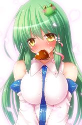 Rule 34 | 1girl, averting eyes, bare shoulders, breasts, candy, chocolate, chocolate heart, commentary request, detached sleeves, eyes visible through hair, food, frog hair ornament, green hair, hair ornament, hair tubes, heart, highres, kochiya sanae, large breasts, long hair, mouth hold, osashin (osada), simple background, snake hair ornament, solo, sweatdrop, touhou, upper body, valentine, white background, yellow eyes