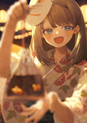 Rule 34 | 1girl, :d, bag, bagged fish, blue eyes, blurry, blurry foreground, blush, brown hair, depth of field, earrings, fang, film grain, fish, floral print, fox mask, highres, holding, japanese clothes, jewelry, kimono, long hair, long sleeves, mask, mask on head, official art, open mouth, original, potg (piotegu), print kimono, signature, smile, solo, stud earrings, white kimono, wide sleeves, yukata