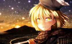 Rule 34 | 1girl, blonde hair, blush, bow, cityscape, dusk, female focus, hat, highres, kazetto, looking at viewer, lunasa prismriver, open mouth, scarf, short hair, smile, solo, touhou, upper body, yellow eyes