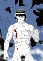 Rule 34 | 1boy, abs, bad id, bad pixiv id, bar censor, bara, blood, blood on hands, blue theme, censored, completely nude, cowboy shot, cross scar, facial scar, flaccid, golden kamuy, groin, hat, highres, injury, kemukemuke, kepi, male focus, male pubic hair, military hat, muscular, muscular male, navel, nude, pectorals, penis, pubic hair, scar, scar on arm, scar on cheek, scar on chest, scar on face, scar on mouth, scar on nose, short hair, solo, spiked hair, spot color, stomach, sugimoto saichi