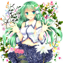 Rule 34 | 1girl, bare shoulders, bracelet, breasts, detached sleeves, female focus, floral background, flower, frog, frog hair ornament, green eyes, green hair, hair ornament, hair tubes, heart, heart-shaped pupils, highres, jewelry, kochiya sanae, long hair, matching hair/eyes, midriff, navel, no bra, open mouth, plant, sideboob, skirt, snake, solo, symbol-shaped pupils, touhou, vines, xe-cox