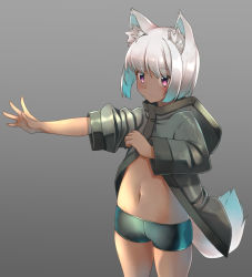 Rule 34 | 1girl, animal ear fluff, animal ears, black shorts, blue hair, blush, closed mouth, comah, commentary request, dark-skinned female, dark skin, gradient hair, grey background, grey jacket, hair between eyes, hood, hood down, hooded jacket, jacket, long sleeves, looking at viewer, multicolored hair, navel, open clothes, open jacket, original, outstretched arm, red eyes, short hair, short shorts, shorts, silver hair, simple background, sleeves pushed up, solo, tail