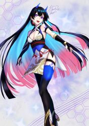 Rule 34 | 1girl, absurdres, black gloves, black hair, black thighhighs, blue hair, blue horns, blue thighhighs, breasts, cleavage cutout, clothing cutout, colored inner hair, earrings, elbow gloves, gloves, gradient hair, gradient legwear, hami809, high heels, highres, horns, jewelry, long hair, multicolored hair, open mouth, partially fingerless gloves, pink hair, punishing: gray raven, purple eyes, selena (punishing: gray raven), small breasts, solo, straight hair, teeth, thighhighs, upper teeth only, very long hair