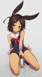Rule 34 | 1girl, :p, animal ears, arm behind back, azur lane, black hair, blue one-piece swimsuit, blush, breasts, brown eyes, collarbone, commentary, dark-skinned female, dark skin, detached collar, full body, grey background, hair ornament, head tilt, highres, hip vent, i-26 (azur lane), looking at viewer, neckerchief, one-piece swimsuit, parted bangs, rabbit ears, red neckerchief, school uniform, short hair, simple background, sitting, small breasts, solo, stuffed animal, stuffed rabbit, stuffed toy, supershiruco, swimsuit, thighs, tongue, tongue out, torpedo