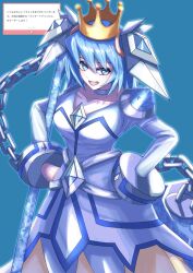 Rule 34 | 1girl, absurdres, blizzard princess, blue dress, blue eyes, blue hair, bracer, chain, collarbone, crown, dress, duel monster, flail, highres, holding, holding staff, looking at viewer, marshmallow (site), medium hair, request inset, shiina aono, shoulder pads, smile, solo, staff, weapon, yu-gi-oh!