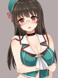 Rule 34 | 10s, 1girl, bare shoulders, beret, black hair, blunt bangs, breast hold, breasts, choker, choukai (kancolle), choukai kai ni (kancolle), cleavage, female focus, glasses, hat, kantai collection, large breasts, long hair, looking at viewer, moshoko (mizuneroku), no gloves, open mouth, red eyes, simple background, solo, upper body