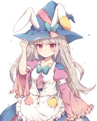 Rule 34 | 1girl, absurdres, animal ears, apron, blue hat, blue skirt, blush, closed mouth, commentary request, ears through headwear, frilled apron, frills, grey hair, hand on headwear, hand up, hat, highres, irisu kyouko, irisu shoukougun!, juliet sleeves, kaoling, long hair, long sleeves, pink shirt, puffy sleeves, rabbit ears, red eyes, shirt, simple background, skirt, solo, very long hair, white apron, white background, wide sleeves, witch hat