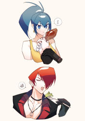 Rule 34 | absurdres, bare shoulders, blue eyes, blue hair, choker, closed eyes, closed mouth, earrings, food, fork, gloves, highres, holding, holding food, holding fork, jewelry, leona heidern, lettuce, moon, musical note, one eye covered, otoseto, pendant, ponytail, red eyes, red hair, tank top, the king of fighters, the king of fighters xv, triangle earrings, yagami iori, yellow tank top