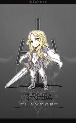 Rule 34 | 1girl, armor, bad id, bad pixiv id, blonde hair, cape, character name, chibi, claymore (series), claymore (sword), copyright name, curly hair, faulds, flowinger, greaves, highres, holding, holding sword, holding weapon, letterboxed, long hair, no nose, pauldrons, pteruges, shadow, shoulder armor, smile, solo, sword, teresa, vambraces, weapon, yellow eyes