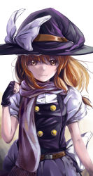 Rule 34 | 1girl, belt, black gloves, blonde hair, female focus, fingerless gloves, gloves, gradient background, hat, highres, kirisame marisa, long hair, maz (fanxuying), perfect cherry blossom, scarf, smile, solo, touhou, witch, witch hat, yellow eyes
