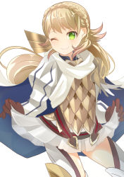 Rule 34 | 1girl, armor, blonde hair, blush, braid, cape, fire emblem, fire emblem heroes, gloves, green eyes, long hair, multicolored hair, nintendo, one eye closed, pink hair, rojiura-cat, scale armor, sharena (fire emblem), simple background, solo, thighhighs, two-tone hair, white background