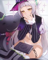 Rule 34 | 1girl, absurdres, black hat, blush, book, brown eyes, capelet, closed mouth, crop top, grey hair, hands up, hat, heart, heart in eye, highres, hikkishi, hololive, long hair, long sleeves, looking at viewer, midriff, murasaki shion, murasaki shion (1st costume), navel, own hands together, panties, purple capelet, shiokko (murasaki shion), shirt, solo, striped clothes, striped shirt, striped thighhighs, stuffed animal, stuffed cat, stuffed toy, symbol in eye, thigh strap, thighhighs, underwear, vertical-striped clothes, vertical-striped shirt, vertical-striped thighhighs, very long hair, virtual youtuber, white panties