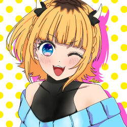 Rule 34 | 1girl, :3, ;d, bare shoulders, blonde hair, blue eyes, blue sweater, blunt bangs, blush, braid, commentary request, demon horns, dotted background, fake horns, fangs, highres, horns, looking at viewer, m aoi w, medium hair, mem-cho, multicolored hair, no pupils, off-shoulder sweater, off shoulder, one eye closed, open mouth, oshi no ko, partial commentary, roots (hair), sidelocks, signature, smile, solo, sweater, upper body, white background