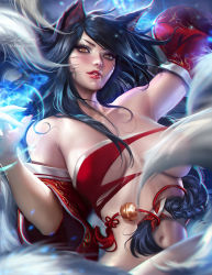 Rule 34 | ahri (league of legends), armpits, black hair, blush, breasts, brown eyes, dress, large breasts, league of legends, long hair, sakimichan, tattoo