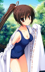 Rule 34 | 1girl, :3, absurdres, breasts, brown hair, cleavage, hair ribbon, highres, japanese clothes, long hair, looking at viewer, medium breasts, miko, muririn, one-piece swimsuit, ponytail, red eyes, ribbon, school swimsuit, shirt, smile, solo, swimsuit, swimsuit under clothes, taut clothes, taut shirt, taut swimsuit, tenshinranman, undressing, unohana no sakuyahime, yuzu-soft