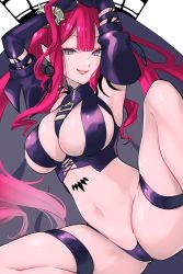 Rule 34 | 1girl, absurdres, armpits, arms behind head, arms up, bare shoulders, black panties, bracelet, breasts, bridal gauntlets, detached sleeves, earrings, baobhan sith (fate), baobhan sith (second ascension) (fate), fate/grand order, fate (series), grey eyes, highres, jewelry, large breasts, long hair, looking at viewer, navel, open mouth, panties, pink hair, pointy ears, revealing clothes, sidelocks, smile, taka oedo, thigh strap, thighs, tiara, underwear, veil