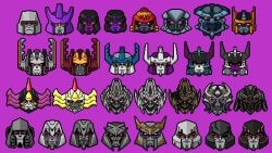 Rule 34 | absurdres, art likes robots, beast machines, beast wars, beast wars: transformers, commentary, decepticon, english commentary, frown, galvatron, head only, highres, mecha, megatron, megatron (beast wars), megatron (idw), megatron (prime), multiple persona, no humans, open mouth, optimal megatron, pixel art, purple background, red eyes, robot, the transformers (idw), transformers, transformers: age of extinction, transformers: dark of the moon, transformers: fall of cybertron, transformers: generation 1, transformers: revenge of the fallen, transformers: the last knight, transformers: war for cybertron, transformers (live action), transformers animated, transformers armada, transformers car robots, transformers cybertron, transformers energon, transformers prime