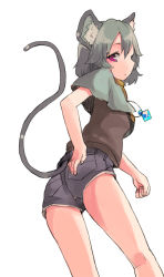 Rule 34 | 1girl, alternate costume, animal ears, ass, blush, grey hair, jewelry, looking at viewer, mouse ears, mouse tail, nazrin, pendant, red eyes, short hair, shorts, simple background, solo, tail, touhou, white background, yunuki uta
