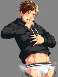 Rule 34 | 1boy, bad id, bad twitter id, blush, briefs, brown hair, bulge, clothes pull, cowboy shot, grey background, groin, hand on own chest, hifumi (3b x), hihumi, hood, hoodie, male focus, male underwear, navel, original, pants, pants pull, simple background, solo, steam, sweat, underwear