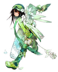 Rule 34 | 1girl, 2no, angel, bird, black hair, flower, full body, gloves, goggles, goggles on headwear, green legwear, green scarf, green theme, hat, mittens, ninomoto, red eyes, scarf, simple background, snowboard, solo, white background, wings