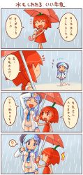 Rule 34 | &gt; &lt;, 2girls, 4koma, ?, ^^^, between breasts, blue eyes, blue hair, blush stickers, breasts, chibi, chibi only, chili pepper, closed eyes, comic, flying sweatdrops, glasses, habanero-tan, habanero pepper, hair ornament, hairclip, hip focus, horns, large breasts, long hair, long image, milk-san, multiple girls, music, navel, necktie, necktie between breasts, open clothes, open shirt, original, panties, rain, red eyes, red hair, shigatake, shirt, short hair, singing, spoken question mark, striped clothes, striped panties, tall image, thighhighs, translated, umbrella, underwear, wet, wet clothes, wet shirt