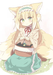 Rule 34 | 1girl, animal ear fluff, animal ears, arknights, basket, black cat, blonde hair, blue hairband, blue skirt, blush, brown footwear, cardigan, cat, closed mouth, commentary, fox ears, fox girl, fox tail, frilled hairband, frills, full body, green eyes, hair ornament, hair scrunchie, hairband, high-waist skirt, highres, holding, holding basket, kitsune, kyuubi, long hair, long skirt, long sleeves, luo xiaohei, multicolored hair, multiple tails, neck ribbon, official alternate costume, open cardigan, open clothes, puffy long sleeves, puffy sleeves, red ribbon, ribbon, ryoku sui, scrunchie, seiza, shirt, simple background, sitting, skirt, solo, stitches, suzuran (arknights), suzuran (spring praise) (arknights), tail, luo xiaohei zhanji, two-tone hair, white background, white hair, white shirt, yellow cardigan