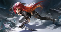 Rule 34 | 1girl, black gloves, black pants, breasts, cleavage, dagger, dog tags, gloves, green eyes, highres, katarina (league of legends), knife, lao wang, league of legends, leaning forward, long hair, medium breasts, pants, parted lips, red hair, solo, vambraces, weapon