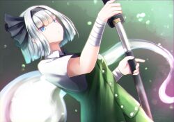 Rule 34 | 1girl, absurdres, black hairband, blue eyes, closed mouth, collared shirt, commentary request, ghost, green background, green skirt, green vest, grey hair, hairband, highres, holding, holding sword, holding weapon, konpaku youmu, konpaku youmu (ghost), looking at viewer, shiranui (wasuresateraito), shirt, short hair, shorts, skirt, solo, sword, touhou, upper body, vest, weapon, white shirt