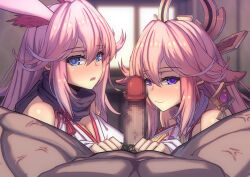 Rule 34 | 1boy, 2girls, animal ears, bare shoulders, blurry, blurry background, blush, censored, closed mouth, company connection, dark-skinned male, dark skin, earrings, erection, ffm threesome, fox ears, genshin impact, group sex, hair ornament, honkai (series), honkai impact 3rd, imminent fellatio, indoors, japanese clothes, jewelry, lao meng, long hair, looking at viewer, male pubic hair, mihoyo, mosaic censoring, multiple girls, name connection, open mouth, penis, pink hair, pov, pubic hair, purple eyes, sakura ayane, smile, threesome, trait connection, voice actor connection, yae miko, yae sakura, yae sakura (gyakushinn miko)