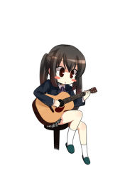 Rule 34 | 00s, 1girl, acoustic guitar, black hair, guitar, instrument, k-on!, kouji (campus life), long hair, nakano azusa, school uniform, solo, stool, twintails