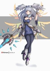 Rule 34 | 1girl, bird girl, blue eyes, breasts, chascoby, cleavage, grey hair, head wings, highres, holding, holding staff, long hair, medium breasts, melia antiqua, solo, staff, thighhighs, wings, xenoblade chronicles (series), xenoblade chronicles 3