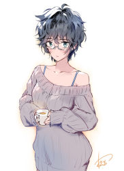 Rule 34 | 1girl, bare shoulders, black hair, bra strap, commentary request, cup, glasses, grey eyes, grey sweater, highres, holding, holding cup, long sleeves, looking at viewer, matsuda (matsukichi), off-shoulder sweater, off shoulder, original, short hair, simple background, solo, sweater, upper body, white background