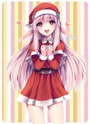 Rule 34 | 1girl, absurdres, artist name, belt, blush, box, brown hair, gift, gift box, hat, heart, highres, holding, holding gift, long sleeves, looking at viewer, open mouth, original, pointy ears, red eyes, red hat, santa costume, santa hat, sasucchi95, smile, solo, striped, striped background, watermark